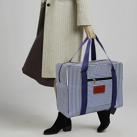 Taicans ‌Striped Duffle Bag for Women & Man - Large Capacity Travel Tote Bag with Zipper & Leather Patch - Stylish Navy & White Stripes - Perfect for Gym,Shopping,Weekend Getaways‌,10.2x22.8x19.7in