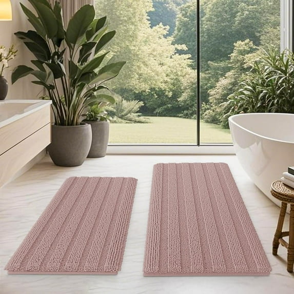 HAKUNA Striped Dusty Pink Bathroom Rug Set 2 Piece 32"x20"+24"x17" Ultra Soft, Non Slip Chenille Toilet Mat, Absorbent Plush Shaggy Bath Mats for Bathroom, Bedroom, Kitchen, Charcoal