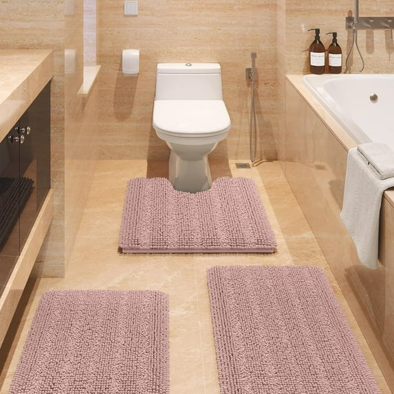 HAKUNA Striped Dusty Pink Bathroom Rug Set 3 Pieces Ultra Soft, Non Slip Chenille Toilet Mat, Absorbent Plush Shaggy Bath Mats for Bathroom, Bedroom, Kitchen