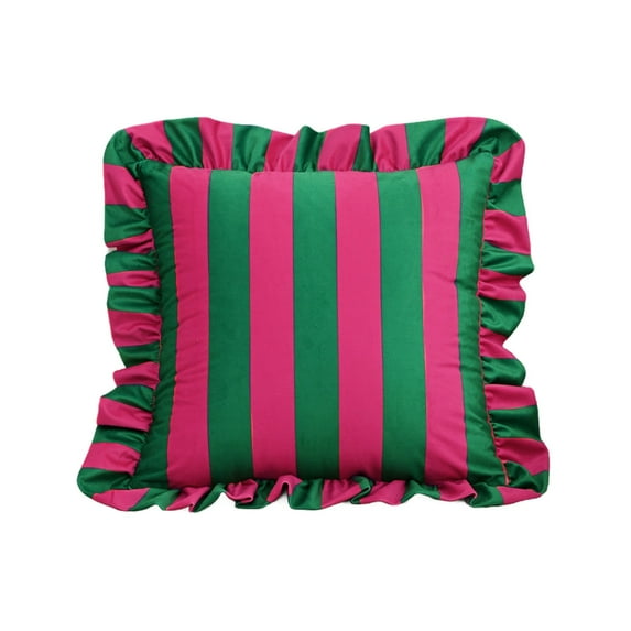 Striped Dutch Velvet Ruffled Pillow Cover 18X18 Inch For Pink And Green Stripes - Decorative Throw Pillowcase With Ruffle Skirt Edge For Couch, Bed, Sofa, Living Room, Bedroom