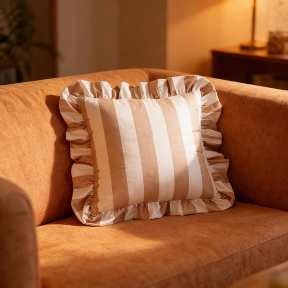 Striped Dutch Velvet Ruffled Throw Pillow, Boho Style Sofa Decor Cushion, Soft Fluffy Pillow with Insert, Decorative Pillow for Living Room Bedroom