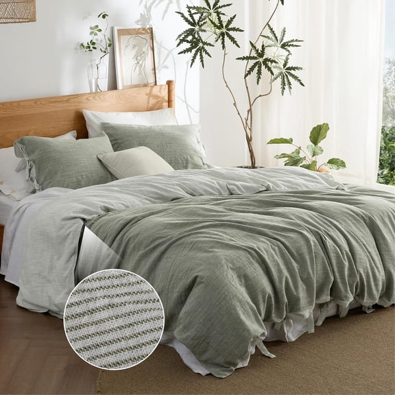 Striped Duvet Cover Queen Size – Moisture-Wicking Eucalyptus Lyocell, Cotton & Linen Hybrid Comforter Cover Set with Bowknot Ties Closure – GentleSoft™ & Breathable Bedding Set–Seaweed Green