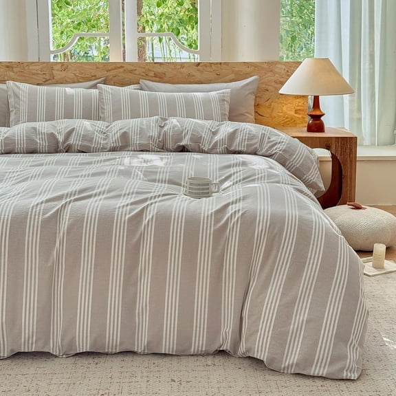 Striped Duvet Cover Set 100% Washed Cotton Linen Like Super Soft Chic Bedding Set 3 Pcs Tannish Linen Grey-White Queen