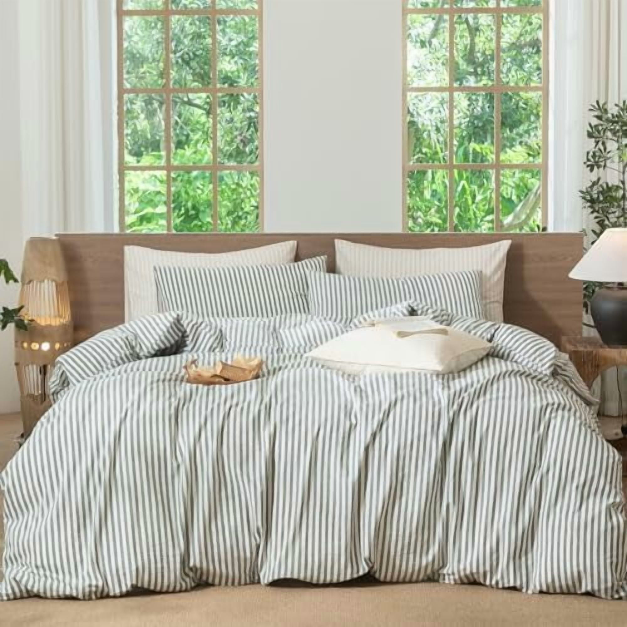 Striped Duvet Cover Set 100% Washed Cotton Linen Like Textured ...