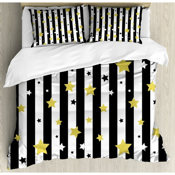 Striped Duvet Cover Set, Black and White Lines Background with Big and Small Stars Pattern Print, Decorative 3 Piece Bedding Set with 2 Pillow Shams, Queen Size, Black White and Yellow, by Ambesonne