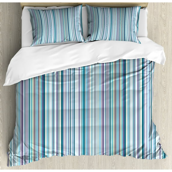 Striped Duvet Cover Set, Blue Purple Teal Aqua Lavender Colored Vertical Stripes Geometric Abstract Vintage, Decorative 3 Piece Bedding Set with 2 Pillow Shams, Calking Size, Multicolor, by Ambesonne