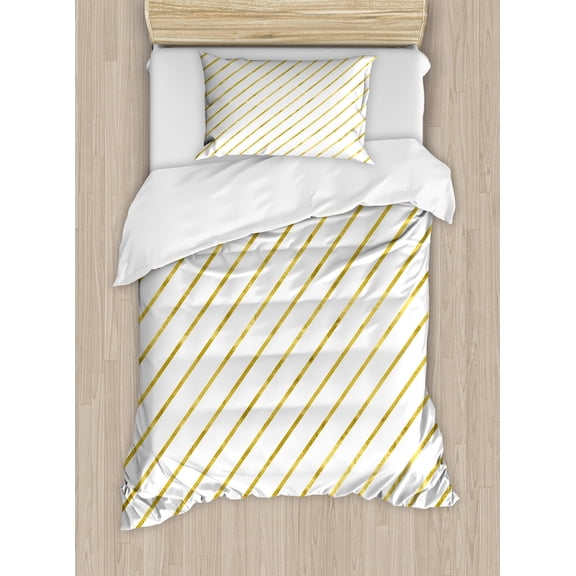 Striped Duvet Cover Set, Diagonal Geometrical Lines with Abstract and Modern Design Print, Decorative 2 Piece Bedding Set with 1 Pillow Shams, Twin Size, White and Yellow, by Ambesonne
