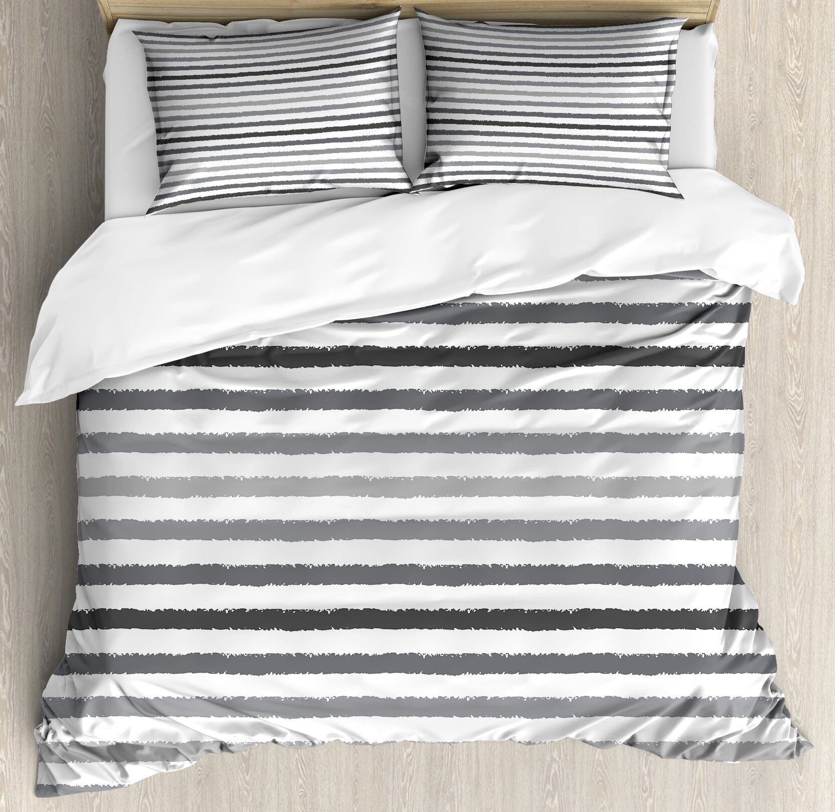 Gray and White Striped Queen Duvet Cover Set