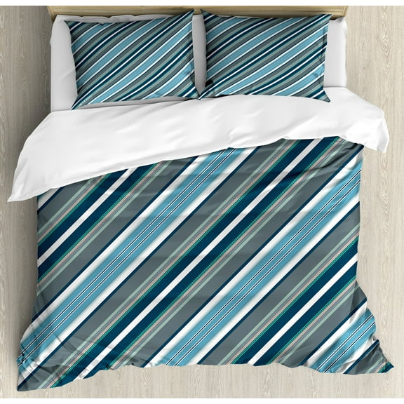 Striped Duvet Cover Set, Navy Retro Style Diagonal Stripes Pattern Modern Art Design Image Print, Decorative 3 Piece Bedding Set with 2 Pillow Shams, King Size, White Grey Navy, by Ambesonne