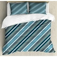thumbnail image 1 of Striped Duvet Cover Set, Navy Retro Style Diagonal Stripes Pattern Modern Art Design Image Print, Decorative 3 Piece Bedding Set with 2 Pillow Shams, Queen Size, White Grey Navy, by Ambesonne, 1 of 3