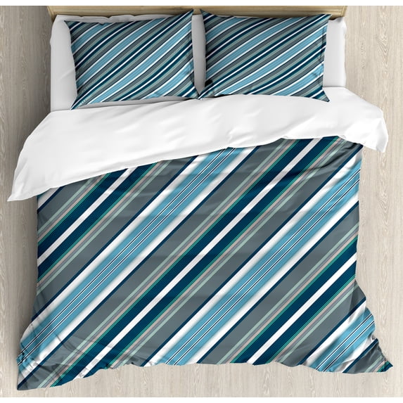 Striped Duvet Cover Set, Navy Retro Style Diagonal Stripes Pattern Modern Art Design Image Print, Decorative 3 Piece Bedding Set with 2 Pillow Shams, Queen Size, White Grey Navy, by Ambesonne