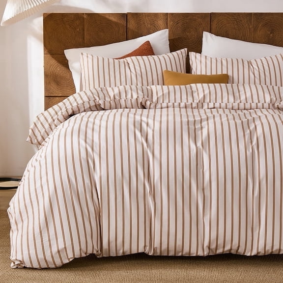 Beige and Terracotta Striped Duvet Cover Set Queen Size, 100% Cotton Duvet Cover Set with 2 Pillowcases, Soft and Breathable natural cotton bedding Set for All Seasons