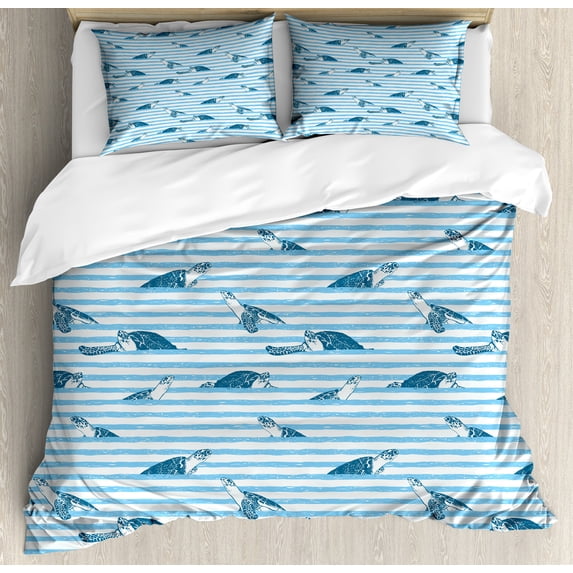 Striped Duvet Cover Set, Turtles and Blue Stripes Abstract Print Aquatic Theme Caretta Ocean Animals Pattern, Decorative 3 Piece Bedding Set with 2 Pillow Shams, Queen Size, Blue Navy, by Ambesonne