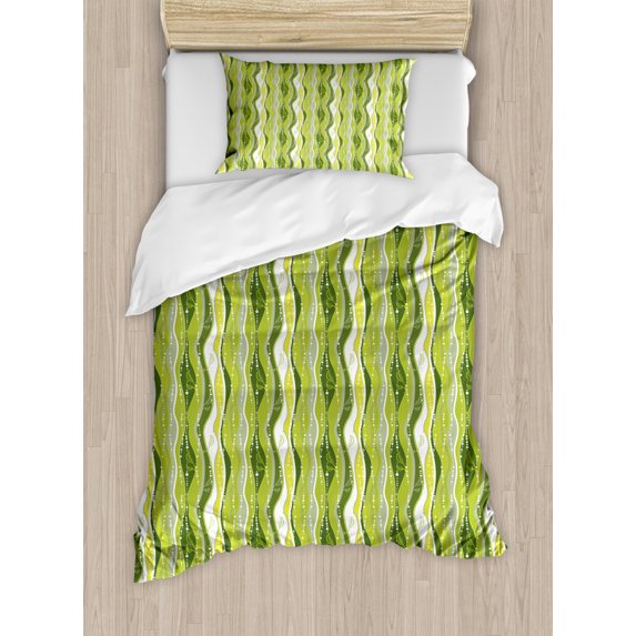 Striped Duvet Cover Set Twin Size, Retro Wavy Leaf Lines with Digital Effects Unusual Repeating Fresh Floral Essence Print, Decorative 2 Piece Bedding Set with 1 Pillow Sham, Green, by Ambesonne