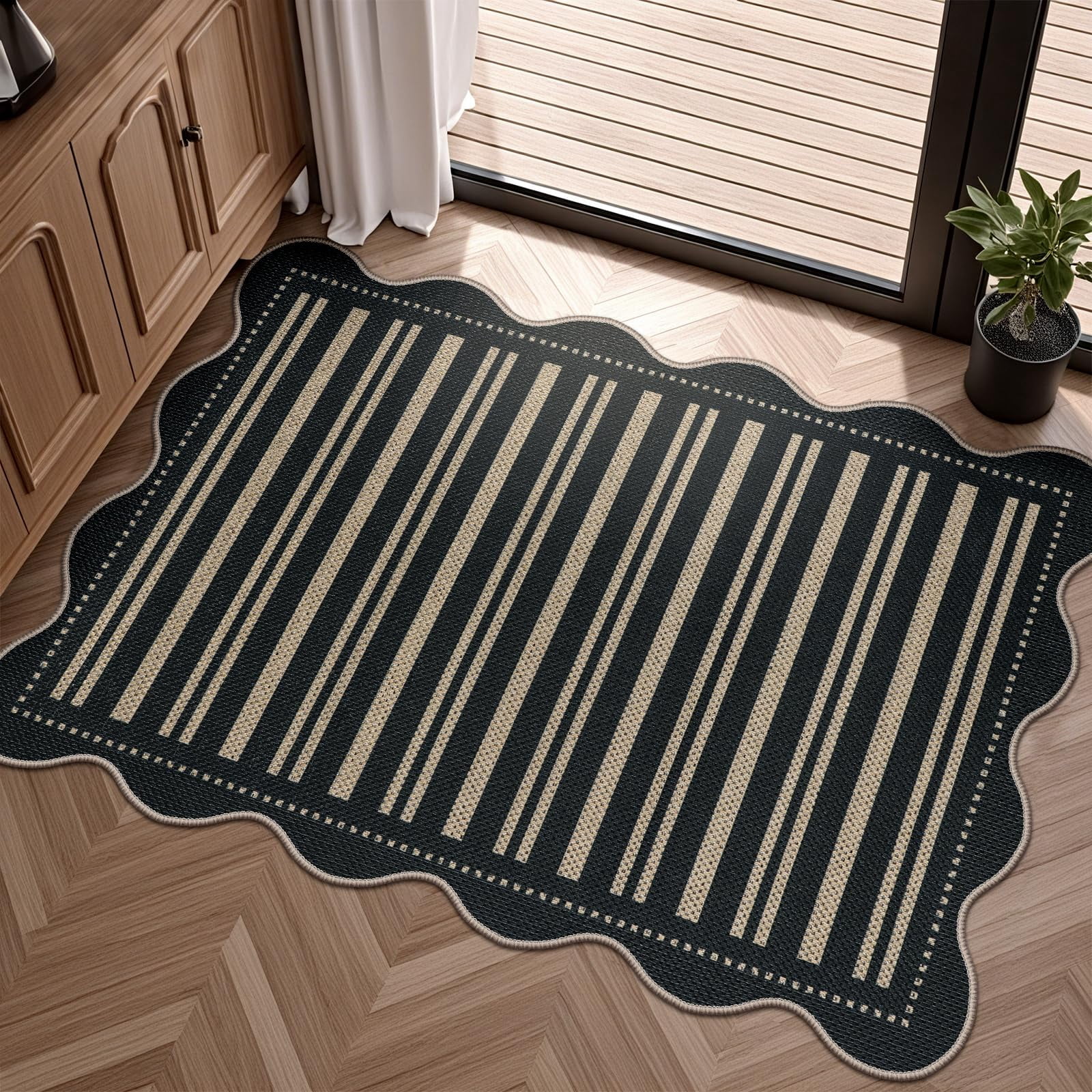Striped Easy Jute Entryway Rug  2x3 Black Indoor Outdoor Doormat Washable Small Kitchen Non Slip Farmhouse Scalloped Rugs For Front Door Entrance Bathroom