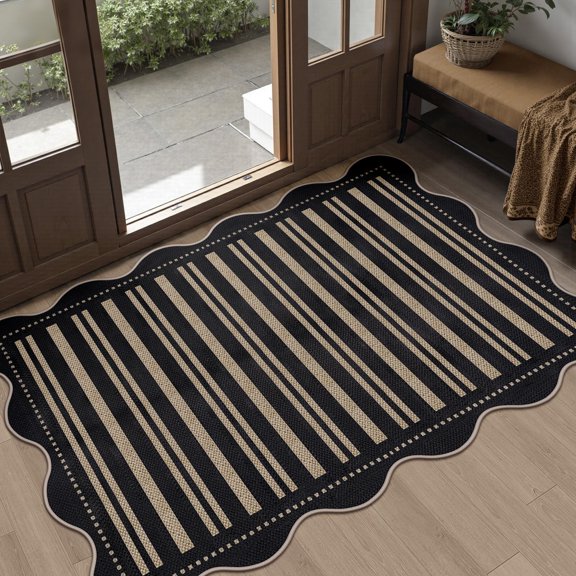 Striped Easy Jute Front Door Mat  2.6x4 Washable Entryway Rug Non Slip Small Kitchen Farmhouse Low Pile Floor Scalloped Rugs For Bathroom Porch Doorway