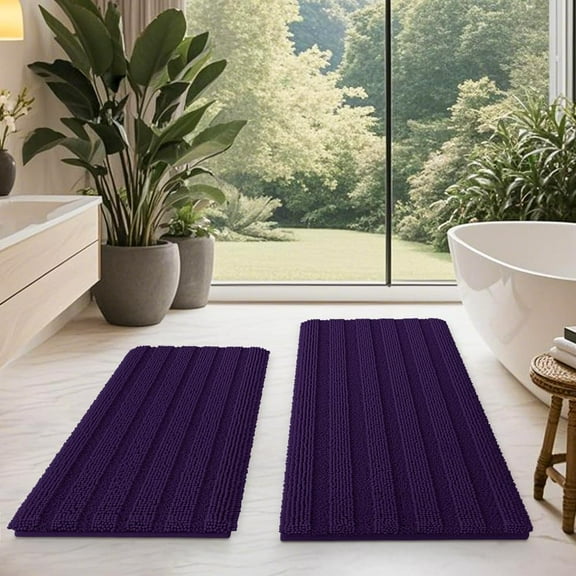 HAKUNA Striped Eggplant Bathroom Rug Set 2 Piece 32"x20"+24"x17" Ultra Soft, Non Slip Chenille Toilet Mat, Absorbent Plush Shaggy Bath Mats for Bathroom, Bedroom, Kitchen, Charcoal