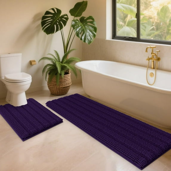 HAKUNA Striped Eggplant Bathroom Rug Set 2 Piece U Shape 24"x20"+48"x20" Ultra Soft, Non Slip Chenille Toilet Mat, Absorbent Plush Shaggy Bath Mats for Bathroom, Bedroom, Kitchen