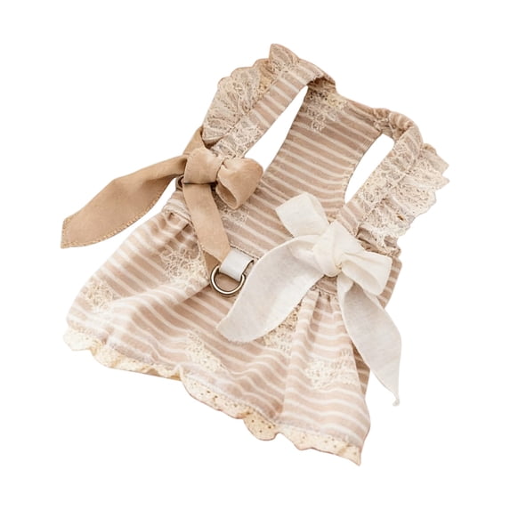 Striped Embroidered Pet Dress,15.74In Chest 11.81In Back Fit 5-9Lb Dogs Cats Hidden Built-In Leash Attachment Spring Daily Walking Photo Outfit with Double Layer Bow Decor