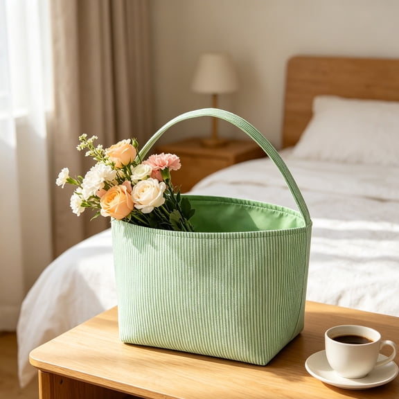 Striped Fabric Basket Tote Bag Reusable Basket With Handle Organizer Bag for Beach Grocery Home Decoration Shopping Daily Use Travel Vacation Weekend Gift Present