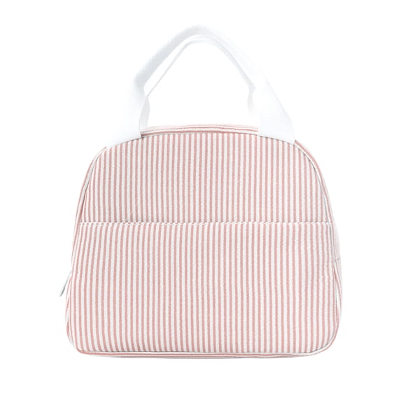 Striped Fabric Large Capacity Lunch Bag Handheld Tote for Office Commute Daily Use