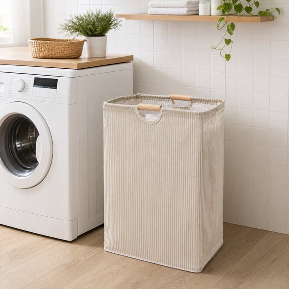 Striped Fabric Laundry Hamper with Wooden Handles, Foldable Dirty Clothes Basket, Waterproof Lining Rectangular Storage Bin for Bedroom and Bathroom