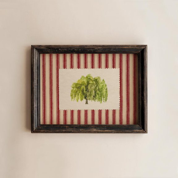 Striped Fabric Willow Tree Print, Watercolor Nature Wall Art, Vintage Cottagecore Decor, Digital Downloadable Poster, Gingham Printable 24x36 Unframed Poster