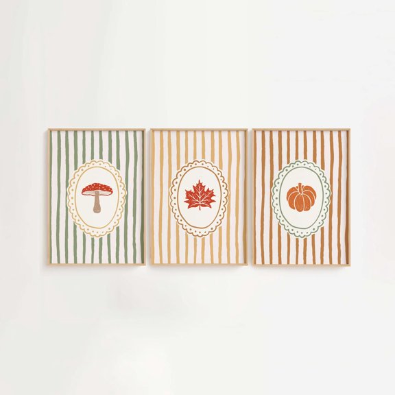 Striped Fall Wall Art Prints Mushroom Maple Leaf And Pumpkin Seasonal Decor Set 3 Unframed Paper Print 8x12
