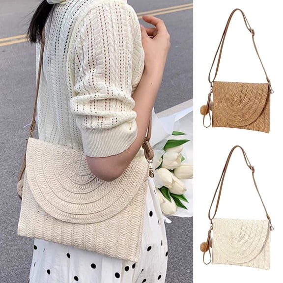 Striped Faux Straw Shoulder Bag | Rectangular Crossbody Satchel | Coffee or White | Durable Textured Weave | 27x20x3cm | Lightweight 450g | Everyday Travel Beach Shopping | 1 Pack
