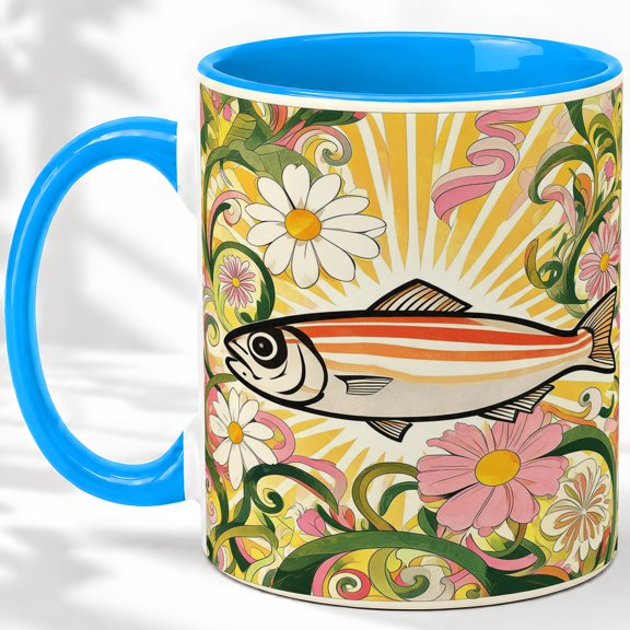 Striped Fish Floral Sunburst Coffee Mug, Striped Fish Mug, Morning Tea Cup for Home, Single Swimmer with Daisies and Green Swirls, Retro River Art, Coastal Kitchen Accent, Angler