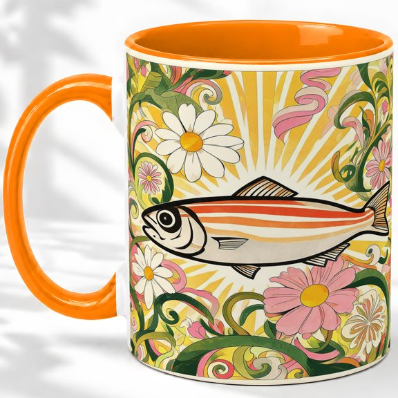 Striped Fish Floral Sunburst Coffee Mug, Striped Fish Mug, Morning Tea Cup for Home, Single Swimmer with Daisies and Green Swirls, Retro River Art, Coastal Kitchen Accent, Angler