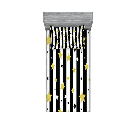 Striped Fitted Sheet & Pillow Sham Set, Black White Lines Background with Big Small Stars Pattern Print, Decorative Printed 4 Piece Bedding Decor Set, Twin, Black White Yellow, by Ambesonne