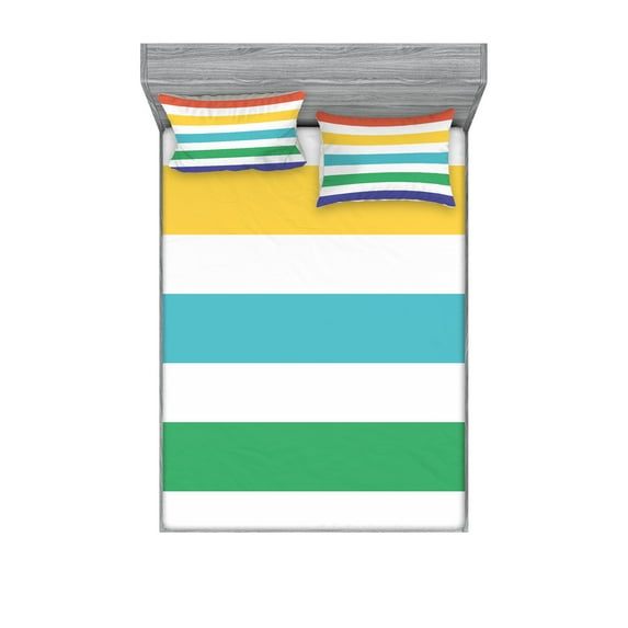 Striped Fitted Sheet & Pillow Sham Set, Rainbow Colored and White Fun Horizontal Lines Room Red Yellow Blue Green Art, Decorative Printed 6 Piece Bedding Decor Set, Calking, Multicolor, by Ambesonne