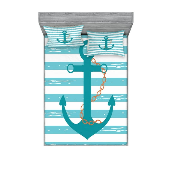 Striped Fitted Sheet & Pillow Sham Set, Ship Anchor Chain Marine Life Inspired Lines Background Ocean Sailing, Decorative Printed 6 Piece Bedding Decor Set, Calking, Turquoise White Teal, by Ambesonne