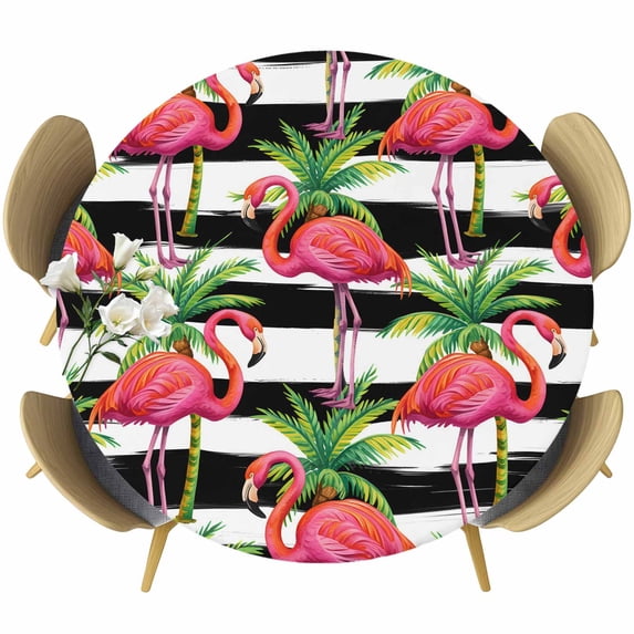 Striped Flamingo Round Tablecloth, Fitted Table Cover with Elastic for 36"-44" Round Tables, Pink Birds Green Palm Leaf Black White Table Cloth Outdoor Indoor Dinning Party Waterproof Tablecloths