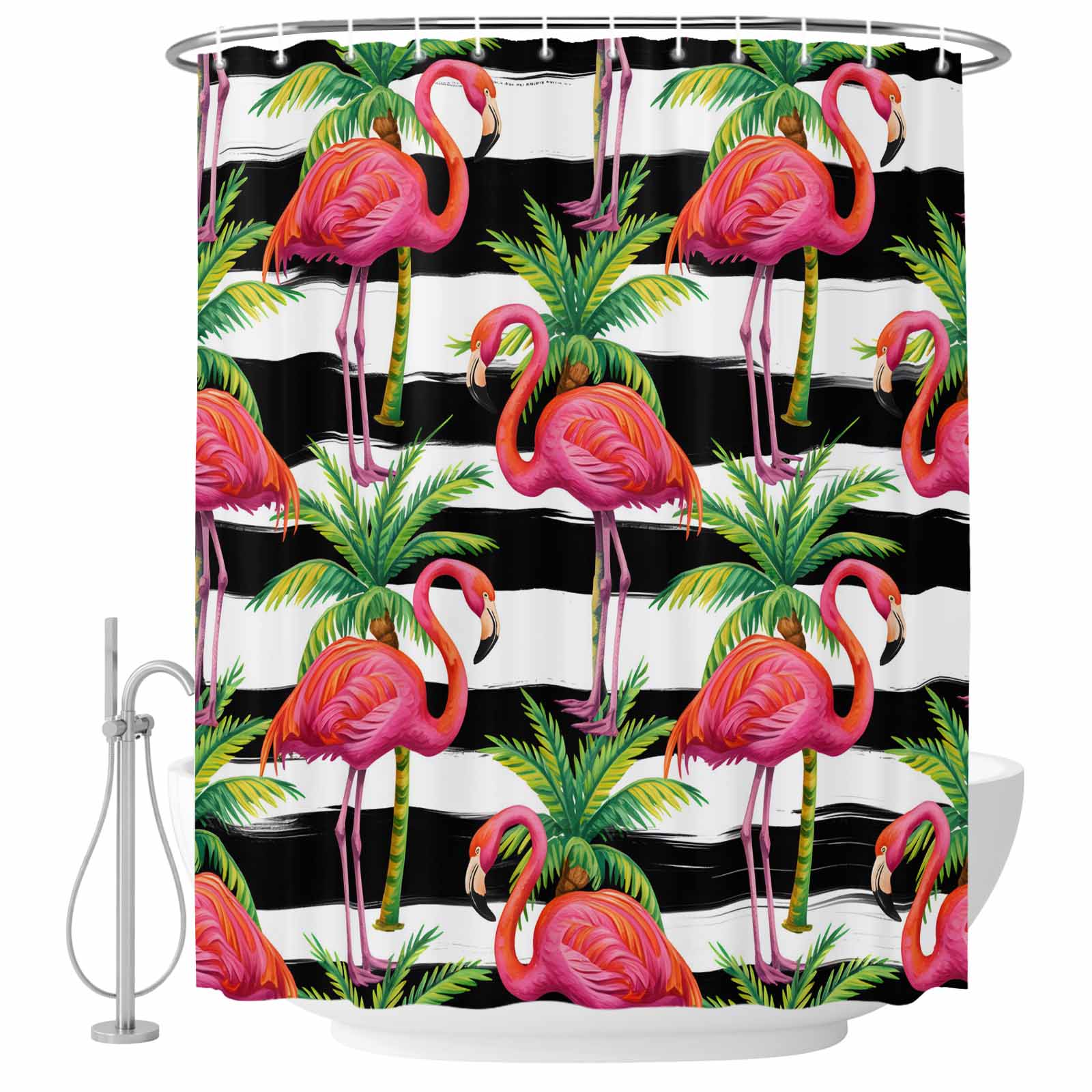 Striped Flamingo Shower Curtain, Waterproof Shower Curtains for