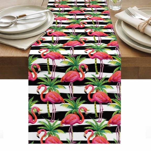 Striped Flamingo Table Runner - 36 Inch Long, Kitchen Dining Table Runner Dresser Scarves, Pink Birds Green Palm Leaf Black White Farmhouse Decor for Coffee Tables Wedding Party Banquet