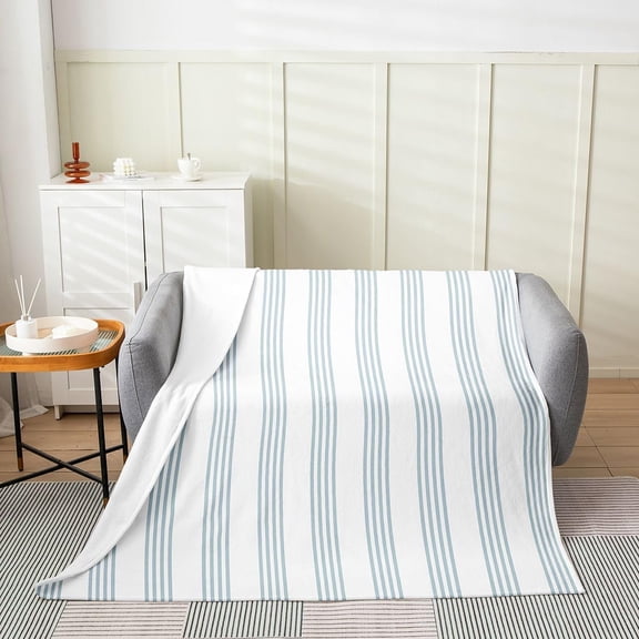 Striped Fleece Throw Blanket for Couch and Bed Soft Warm Lightweight Blue and White Striped Couch Blanket