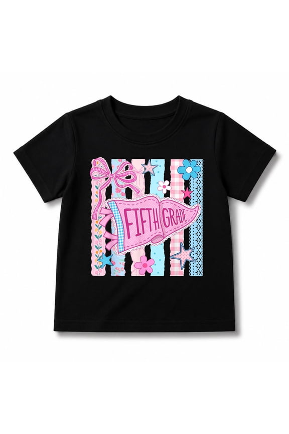Striped Floral Pennant Flag Back to School Fifth 5th Grade T-Shirt