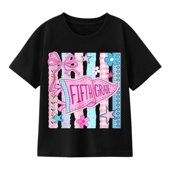 Striped Floral Pennant Flag Back to School Fifth 5th Grade T-Shirt