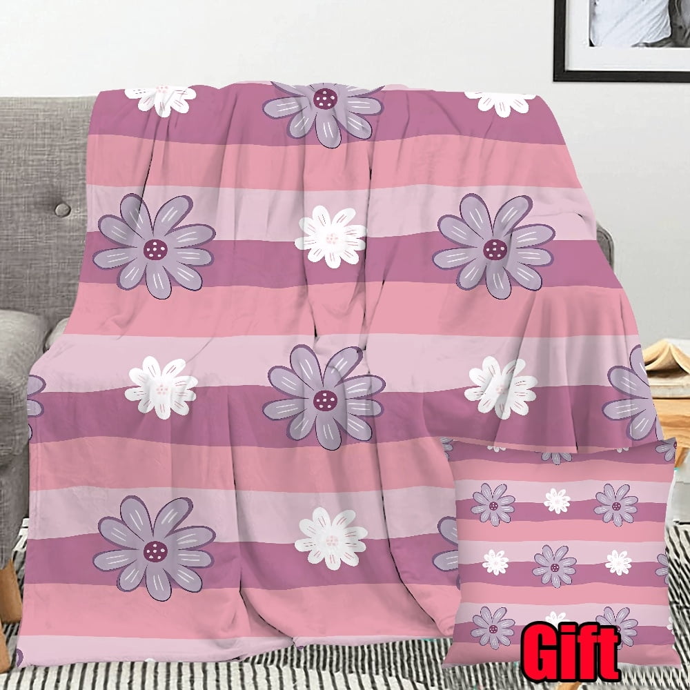 Striped Floral Print Throws Blanket With Pillow Cover For Office, Bed