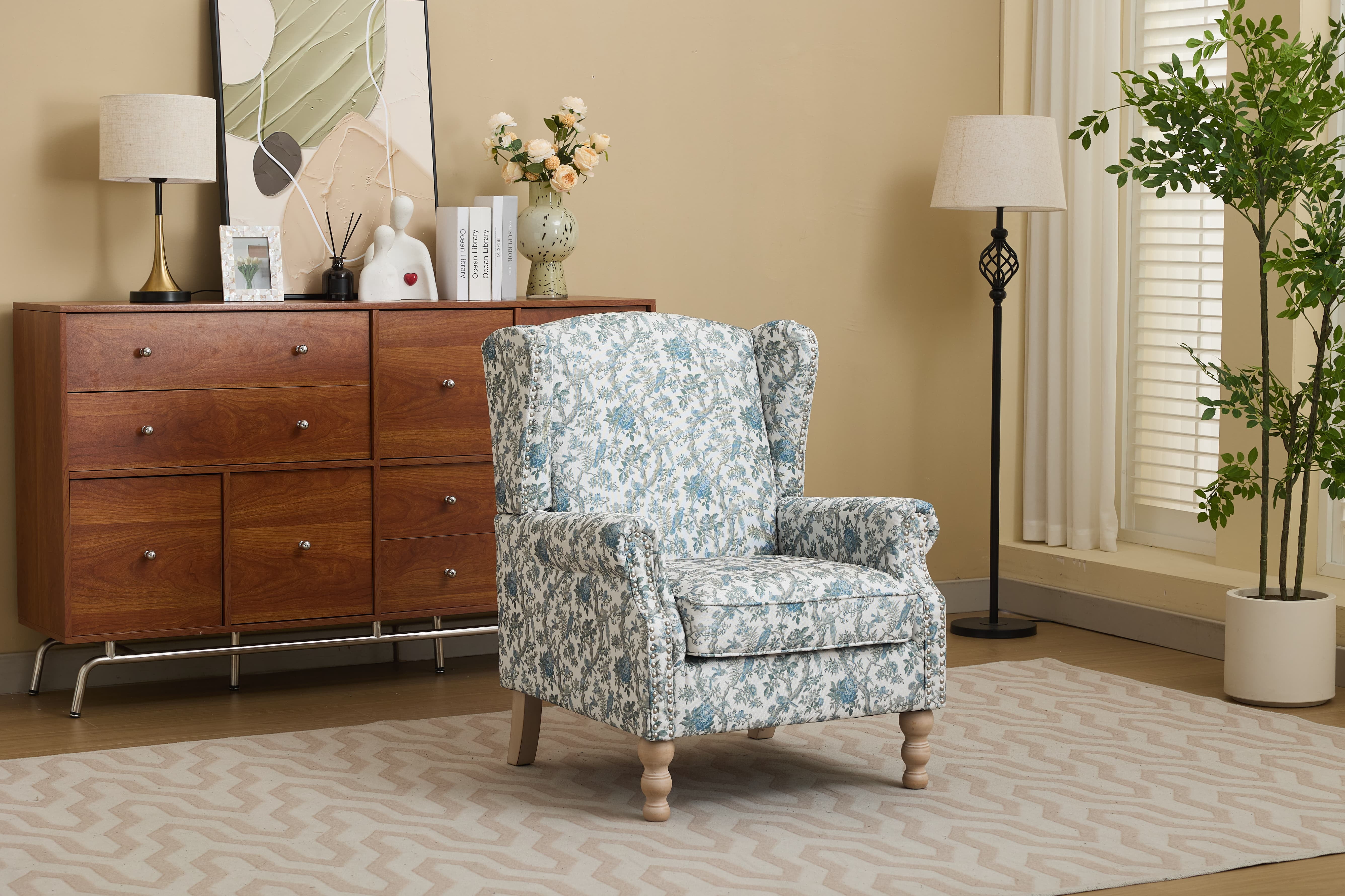 Striped Floral Wingback Upholstered Accent Chair, Comfy High Density Sponge Armchair with Retro Solid Wood Legs, Rubber Floor Protectors, Easy Assembly Single Sofa for Living Room Bedroom Home Office