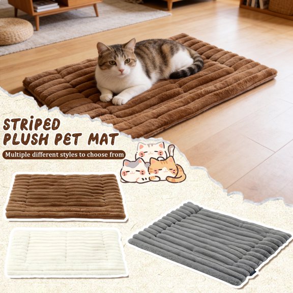 Striped Fluffy Dog Cat Bed Mat Soft Plush Pet Cushion Pad for Indoor Couch Floor Furniture Comfy Warm Sleeping Rug Machine Washable