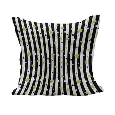 Striped Fluffy Throw Pillow Cushion Cover, Black and White Lines Background with Big and Small Stars Pattern Print, Decorative Square Pillow Case, 28" x 28", Black White and Yellow, by Ambesonne