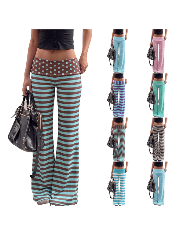 Striped Fold Over Sweatpants Women Y2K Leggings Low Rise Foldover Ladies Yoga Pants Straight Bottom Clothes Multicolor S