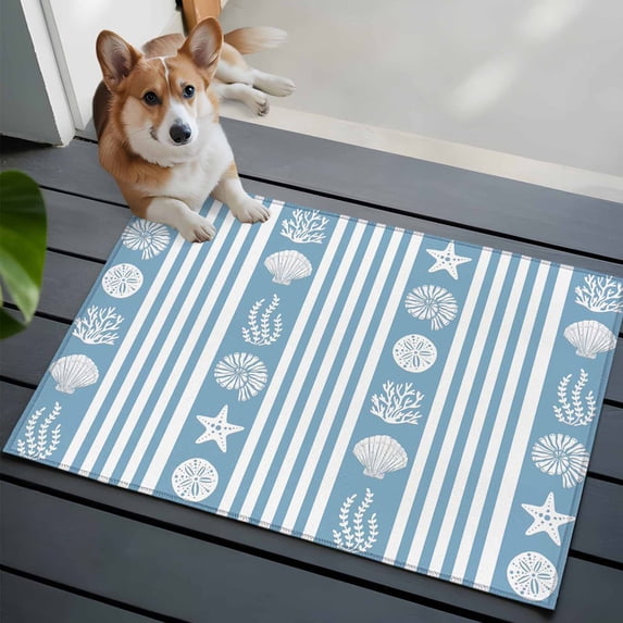 Striped Front Door Rugs 2x3 ft Ocean Blue Starfish Shell Jellyfish Coral Small Rug for Entryway Non Slip Washable Bathroom Door Mat Absorbent Floor Mat for Indoor Entrance