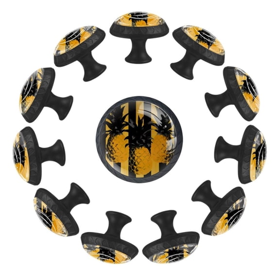 Striped Fruit Pineapple Pattern 35MM Round Glass Cabinet Knobs, Kitchen Knobs for Drawer Dresser Cupboard Wardrobe Modern Pulls Handles Hardware, Set of 12