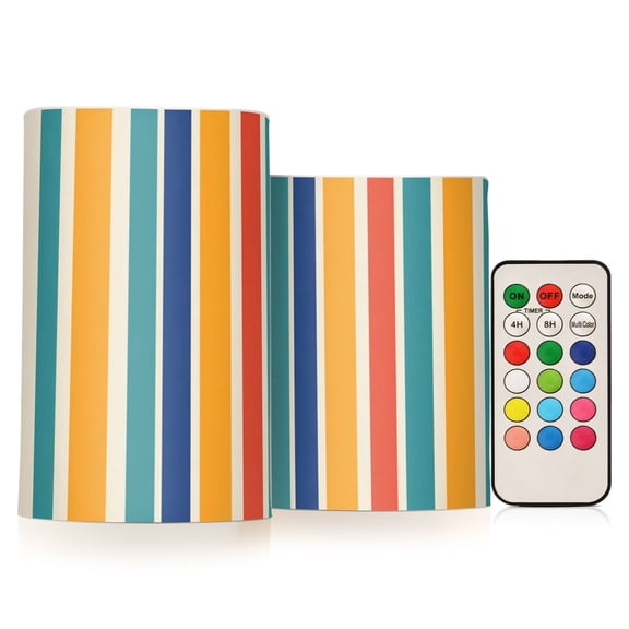 Striped Fug Flickering Flameless Candles Battery Operated with Remote Timer LED Pillar Candles Set of 2