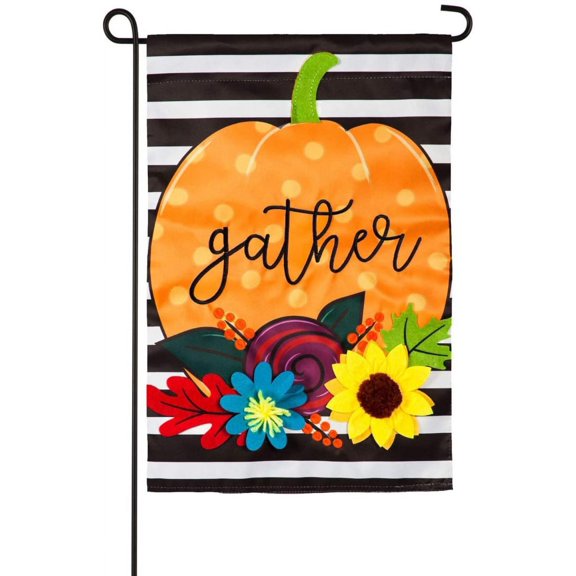 Striped Gather Pumpkin Garden Flag 2 Sided Applique Thanksgiving