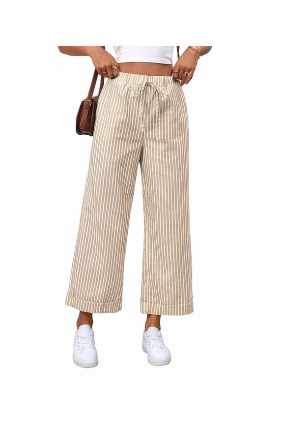 Striped Gingham Pants Women Wide Leg Bottoms Drawstring Y2k Trousers with Pocket Color XL
